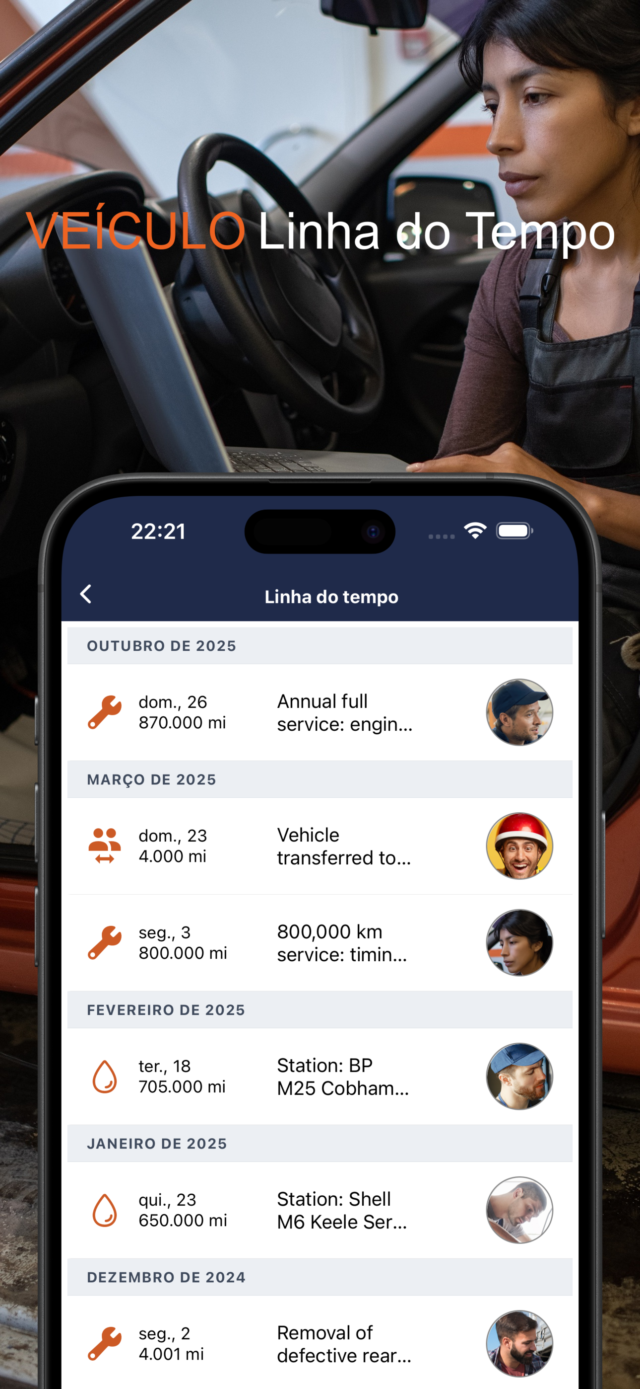Linha do tempo do veículo com historial de ocorrências
