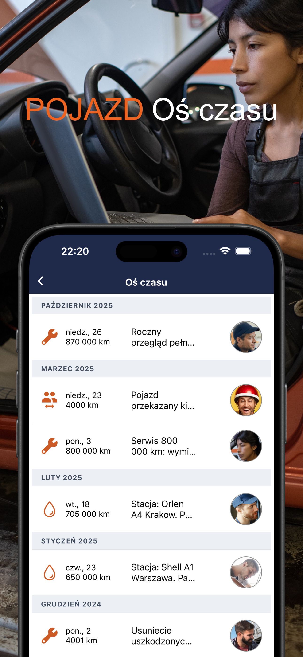Oś czasu serwisu pojazdu